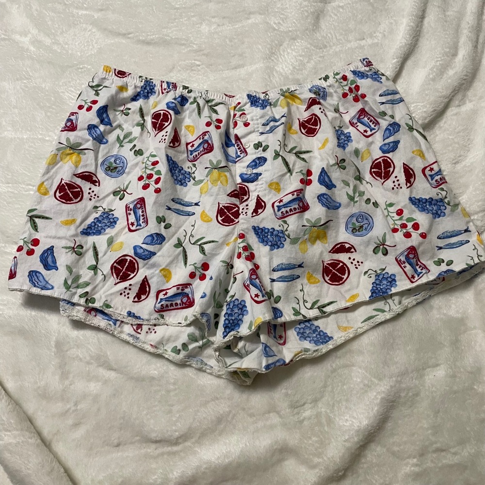 Colsie Pajama Shorts Women L White Sardine Lemon Fruit Print Lace Trim Sleepwear